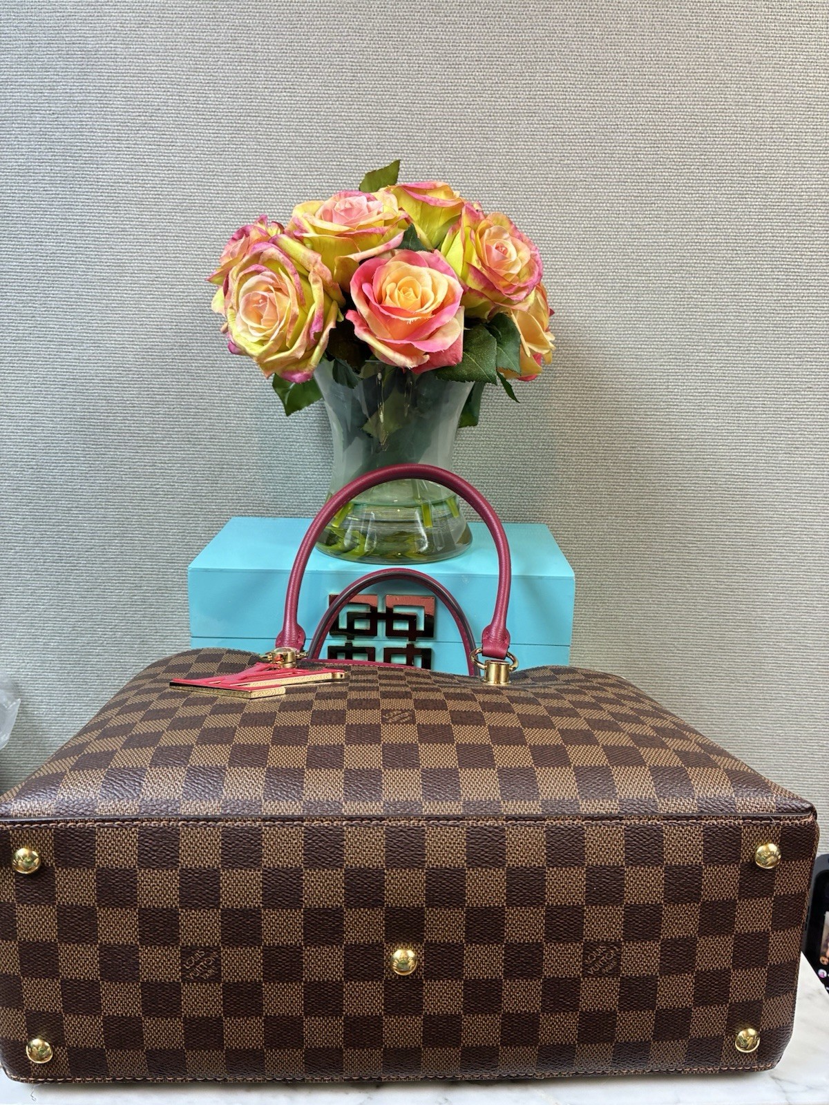 Louis Vuitton LV Damier Ebene Riverside Tote w/ Magenta Leather & LV Charm – NWT
