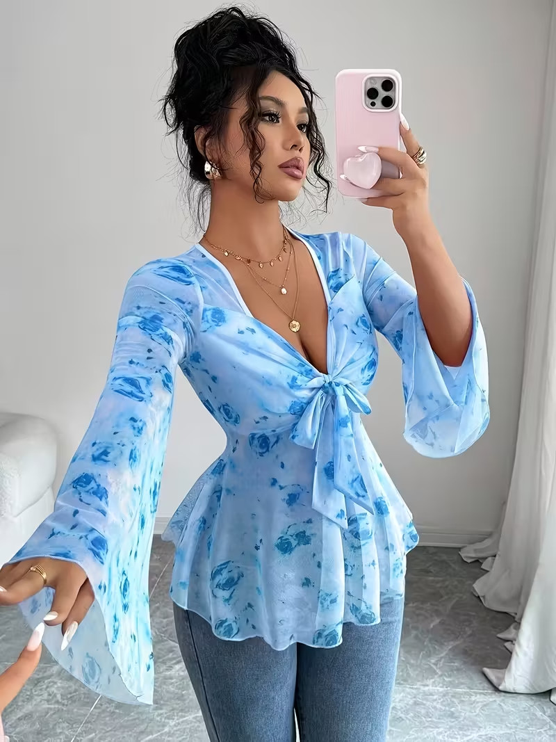 Floral Mesh Flared Sleeve Bow Neck Casual Elegant Tee