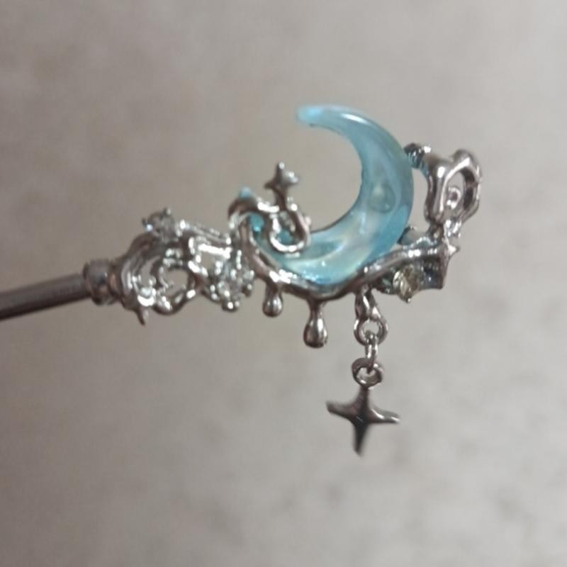 Elegant Silvery & Blue Branching Crescent Moon Chinese Hairpin
