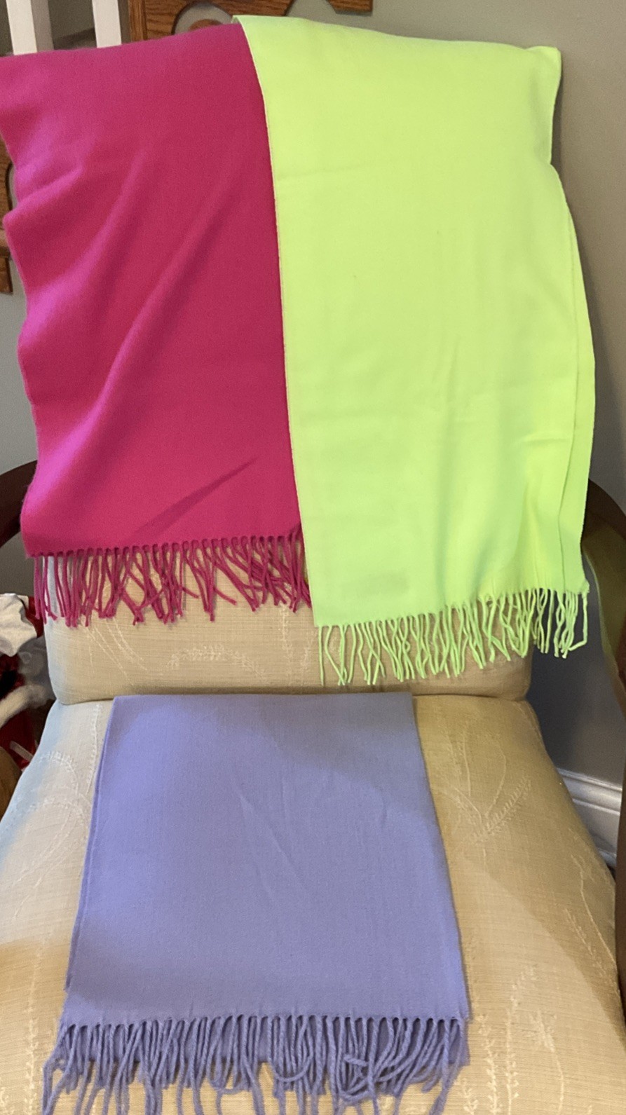 3 SCOTLAND 100% CASHMERE Pink, Lime Green & Purple Scarf Scarves, Excellent