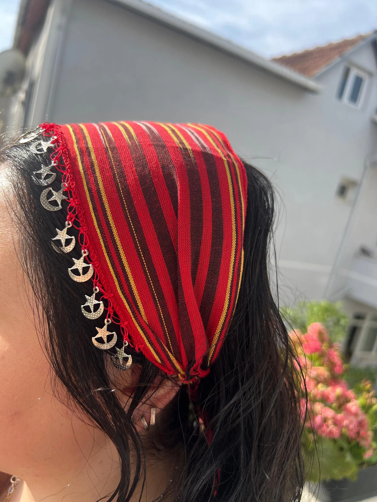 Turkish Keşan Cotton Bandana with Crescent Star Boho Hairband Handmade Unique