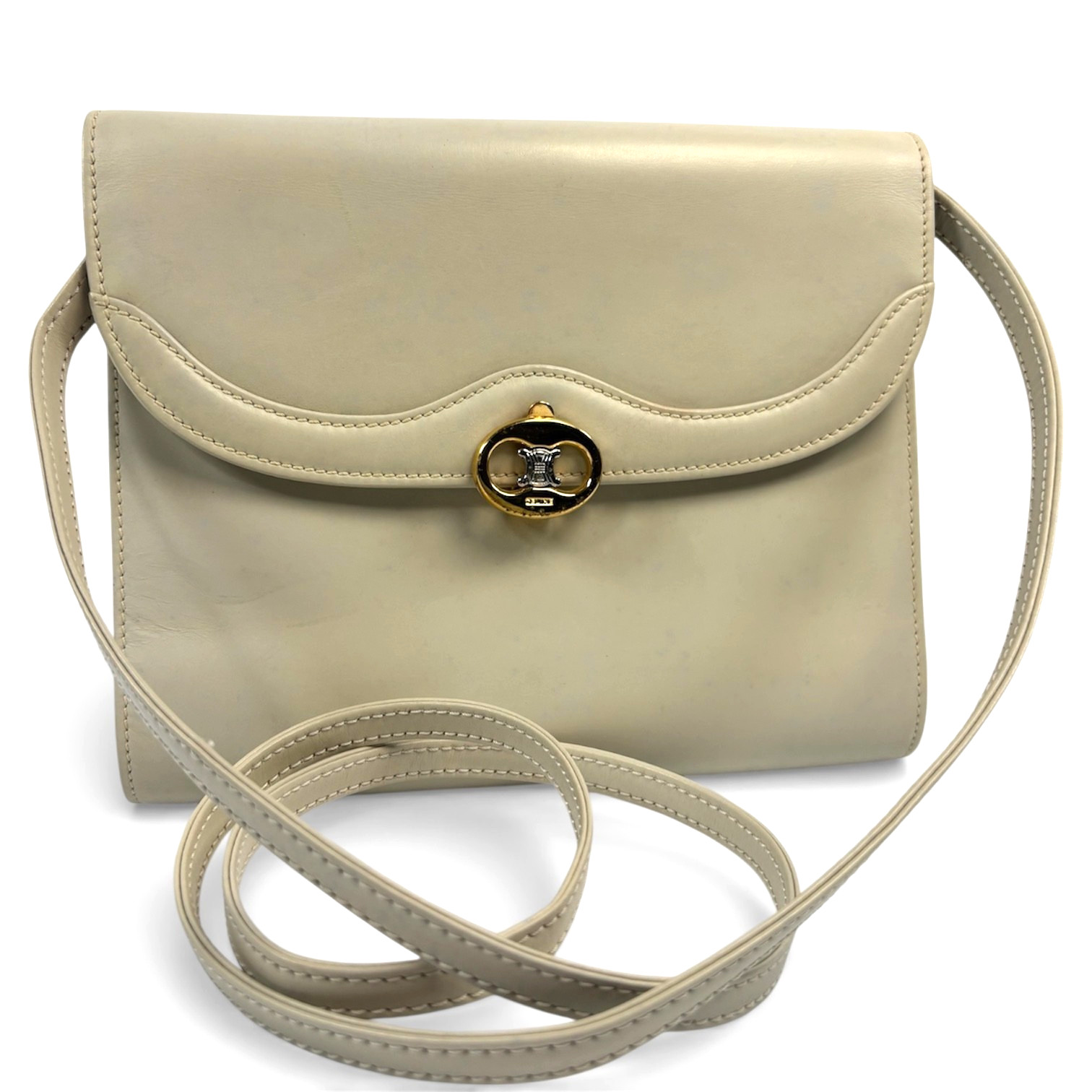 CELINE Leather Shoulder Bag Triomphe Beige Clutch From Japan