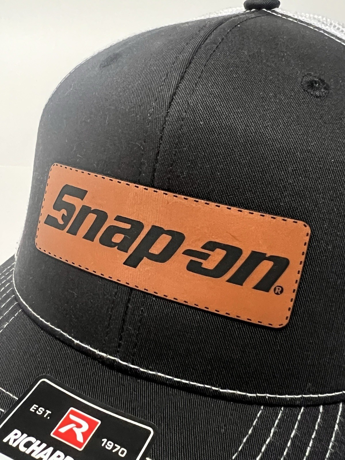 Snap-On Leather Patch Richardson 112 Hat Black/White NWT Mesh Back Trucker Cap