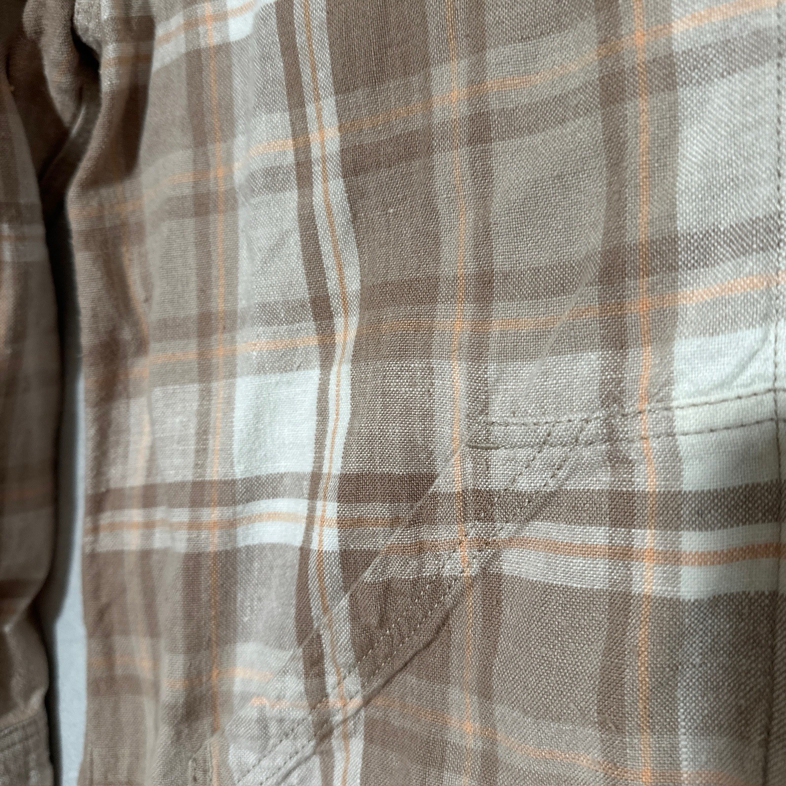 Eddie Bauer Women’s Plaid Hooded 100% Linen Full Zip Jacket Beige/White Large