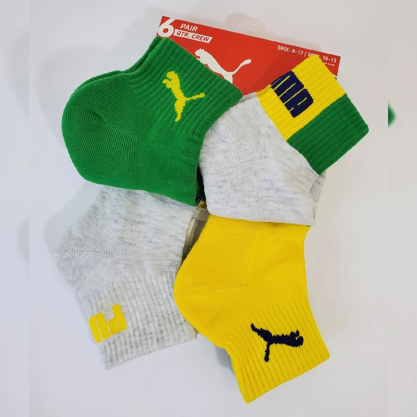 PUMA QUARTER CREW MEN’S SOCKS 6 PAIR SIZE SHOE 8-12 SOCK 10-13 BRASIL SOCCER