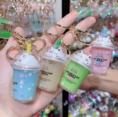 Boba Milk Tea Keychain Cat Milk Cap Series (Moving Liquid and Boba)