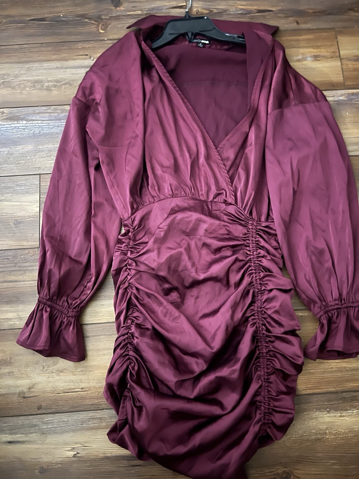 Fashion Nova Burgundy Ruched Satin Bodycon Long Sleeve V-Neck Dress Size S