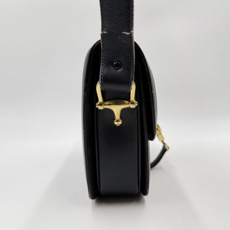 CELINE Sulky C Macadam Vintage Shoulder Bag Navy Canvas and Leather Gold-ton…