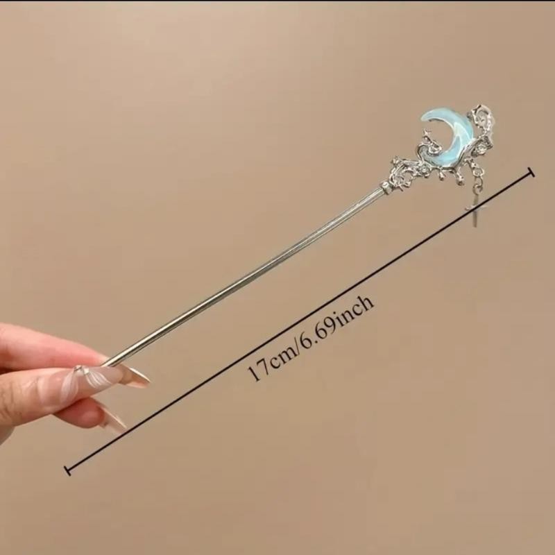 Elegant Silvery & Blue Branching Crescent Moon Chinese Hairpin