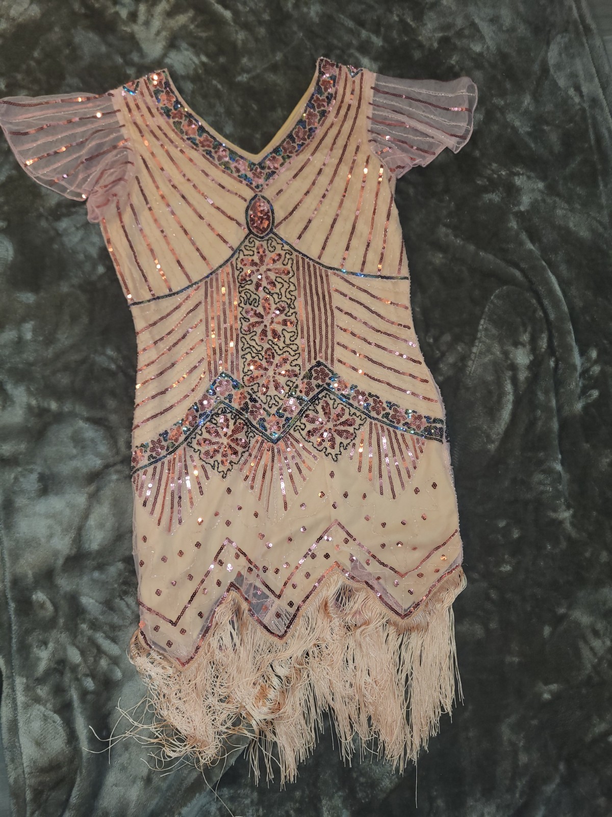 FUNDAISY XL Beige Sheath Dress V-Neck Knee Sequin Beaded Fringe 20s