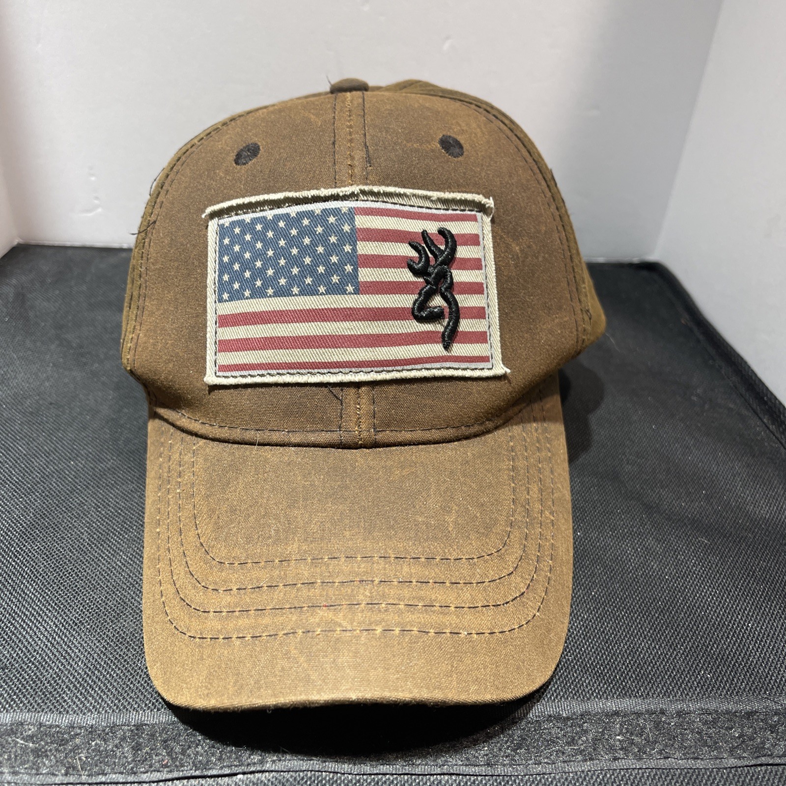 Browning Liberty Wax Cap Hat Mens Dk Brown Strap Back American Flag Hunting USA
