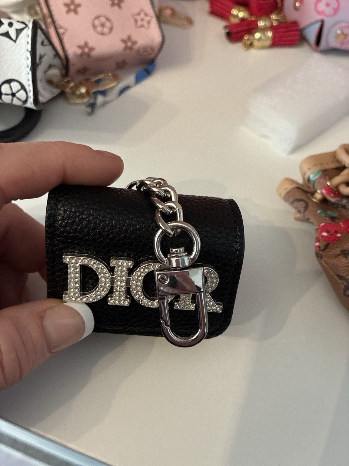 BLUSH BOBOS Women’s Key Chain Bag Charm, Black/Silver Rhinestone Chain Dior