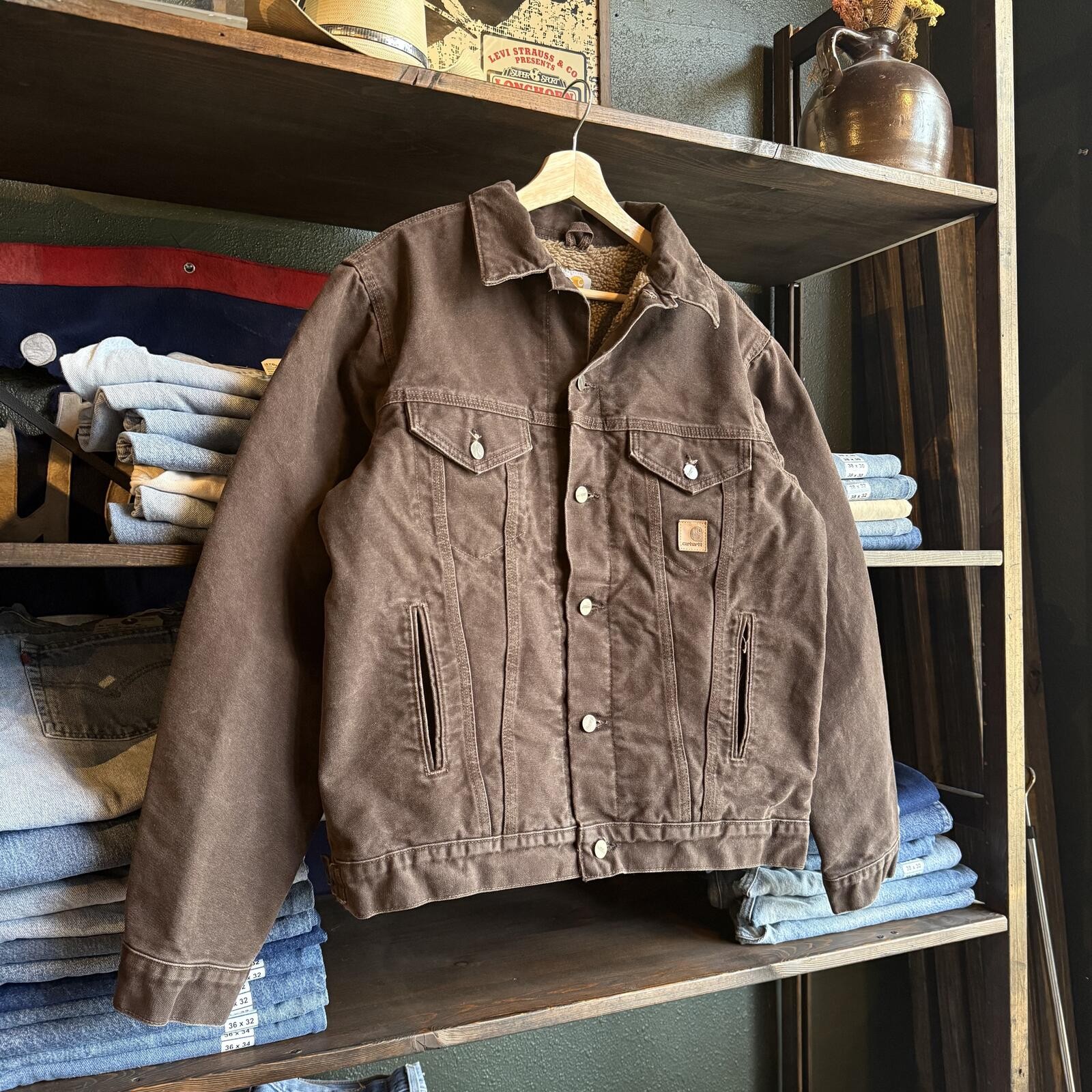Vintage Carhartt J233 DKB Trucker Jacket Mens Medium Dark Brown Sherpa Lined