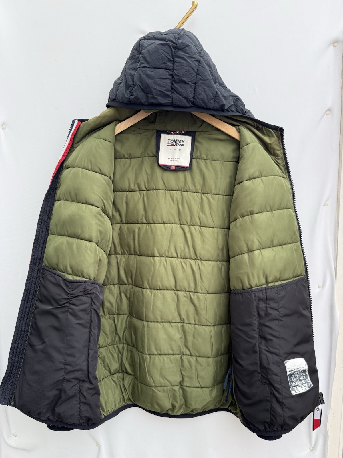 Tommy Jeans Hooded Quilted Puffer Jacket Coat Black Full Zip Lightweight Mens XL