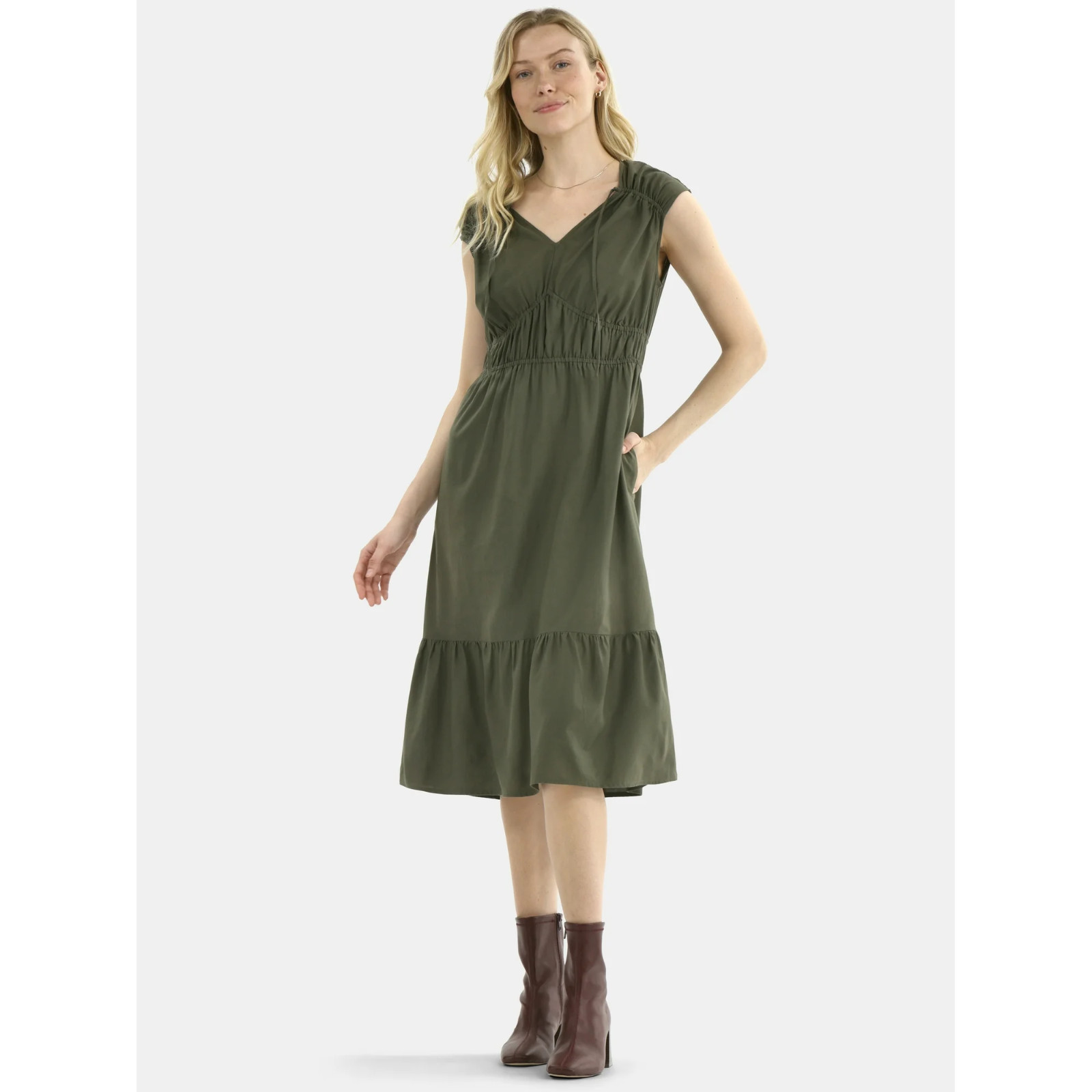 Time and Tru Women Green Midi Fit Flare Sleeveless dress Upick Size Spade New