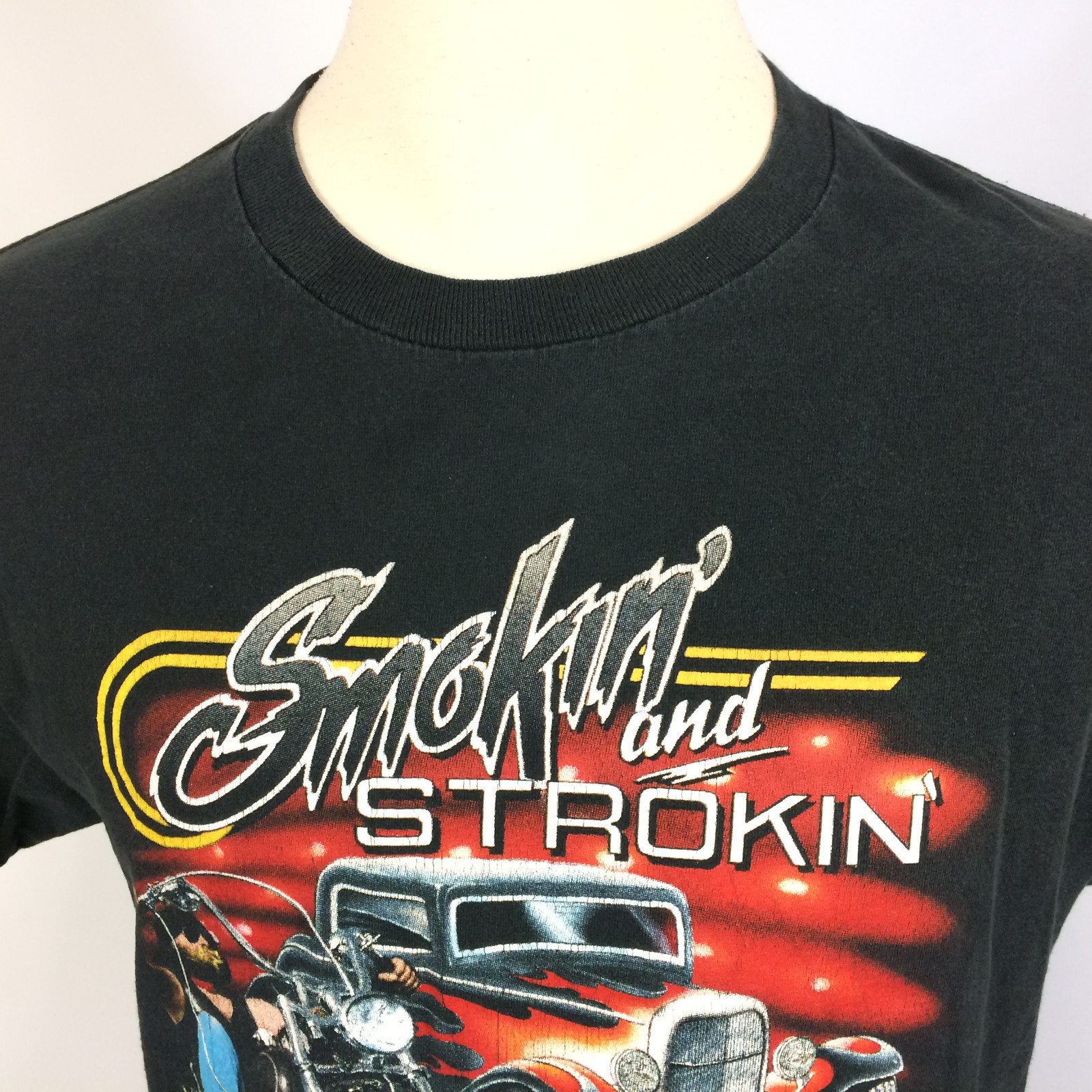 Vintage 80s 90s Smokin Strokin Car Distressed Black Motorcycle Trucker T Shirt