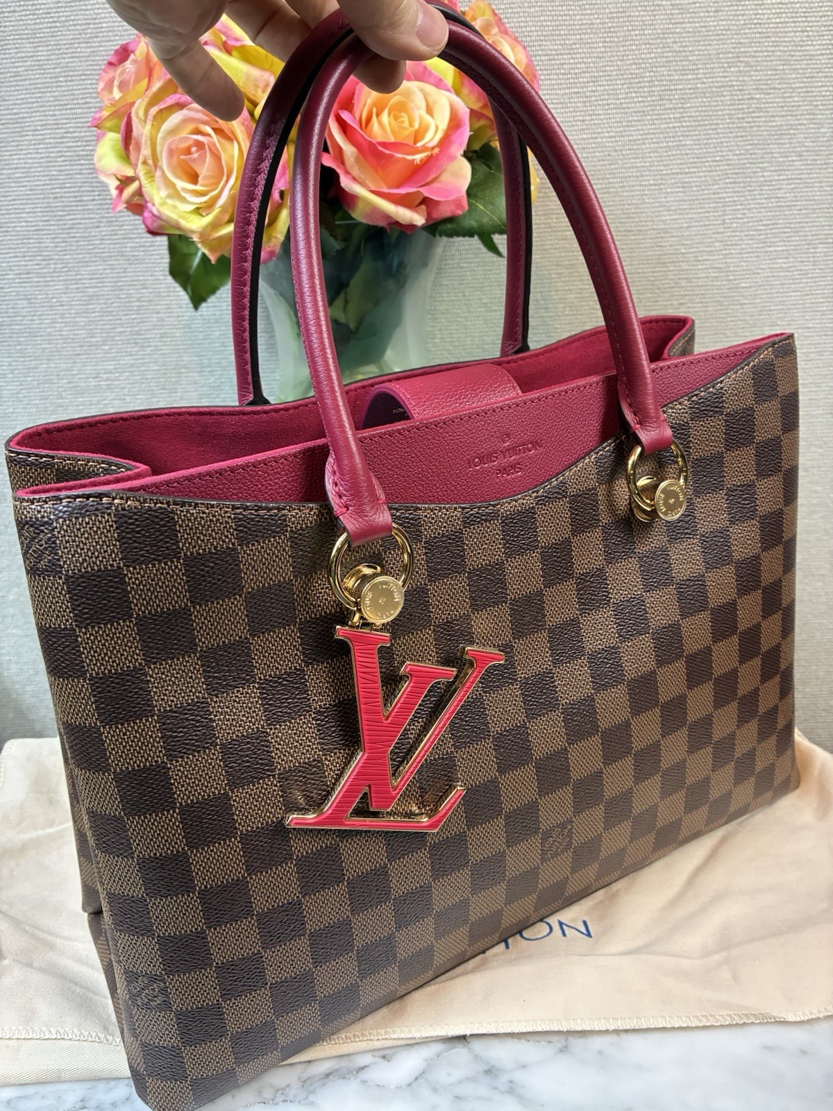 Louis Vuitton LV Damier Ebene Riverside Tote w/ Magenta Leather & LV Charm – NWT