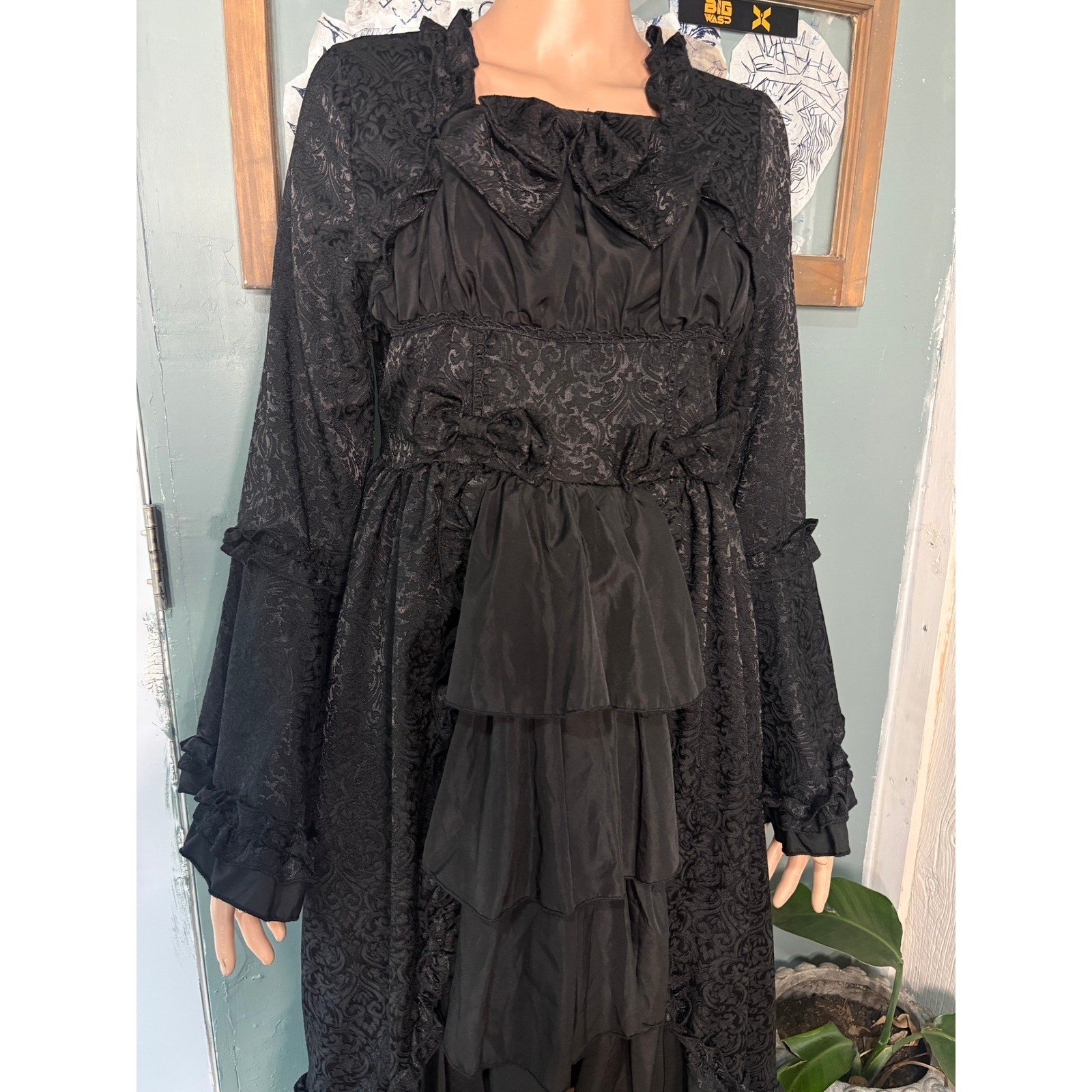 Victorian Black Damask Jacquard High Low Ruffle Bell Sleeve Dress Bows
