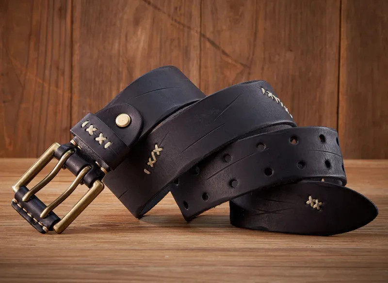3.8CM Original Genuine Leather Army Tactical Belt Double-needle Buckle Men’s