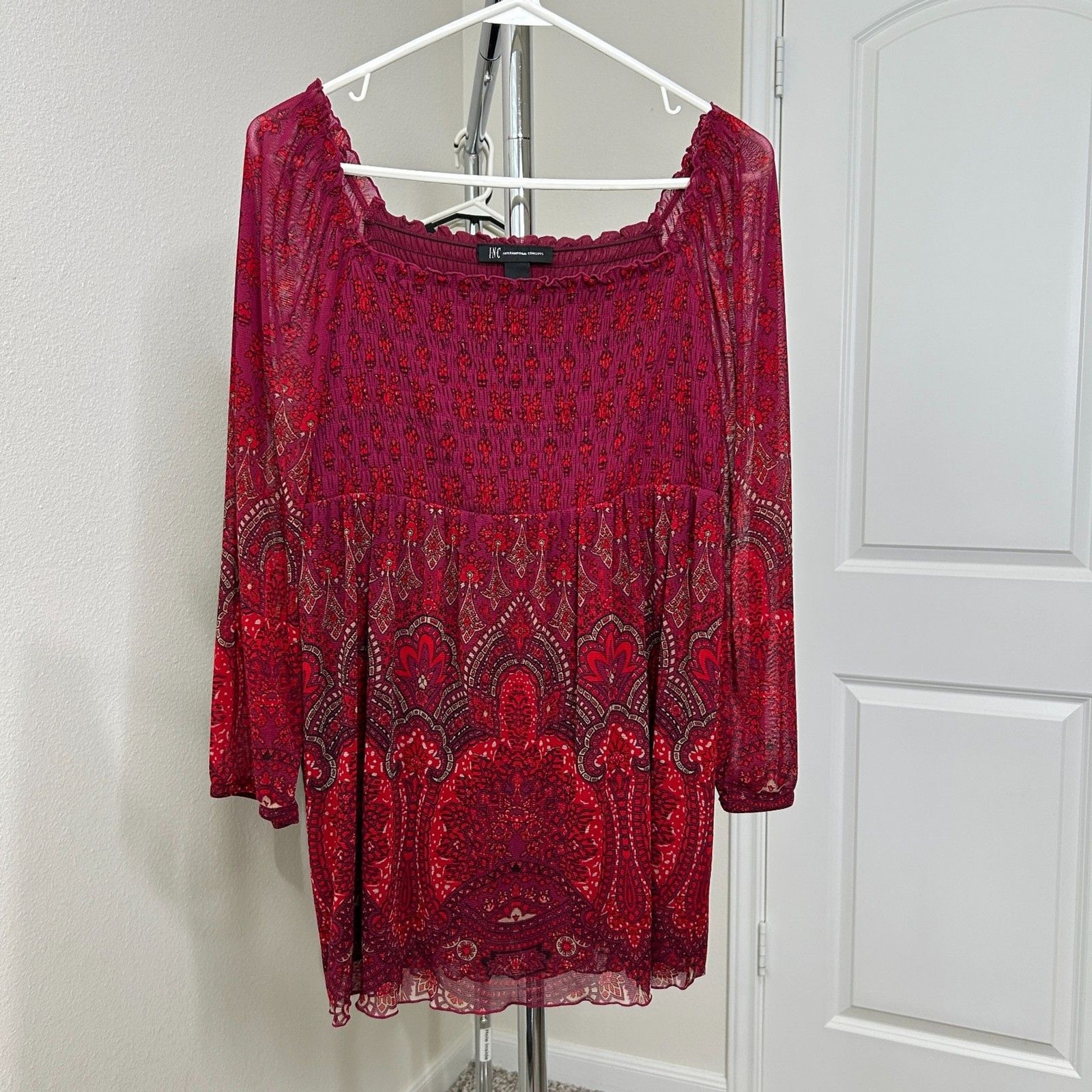INC International Concepts Babydoll Blouse Large Red Paisley Y2K Festival Boho