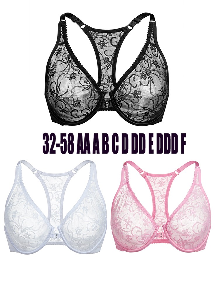 Ultra-thin Bra Front-fastened Lace Racer Back Underwire Brassiere Sissy Lingerie