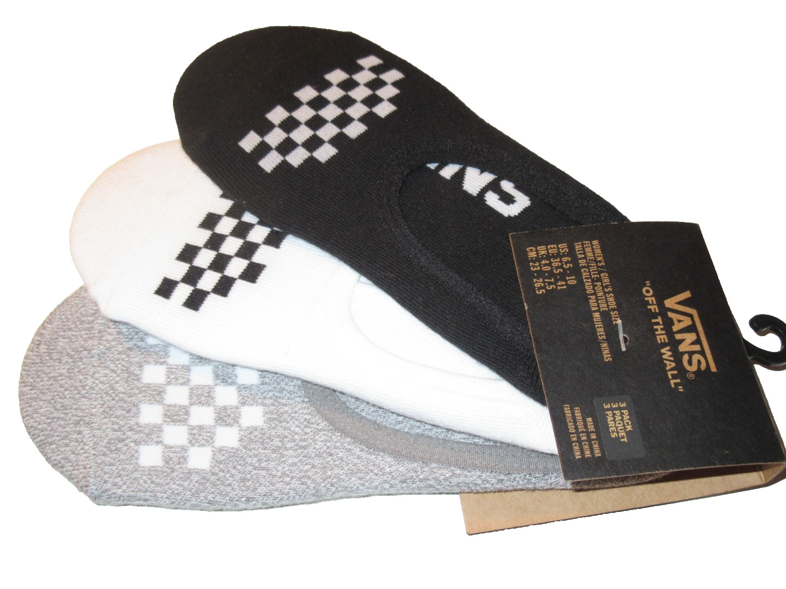 Vans Women’s 3 pack No Show socks Checkerboard Black White Grey Size 6.5-10 NWT