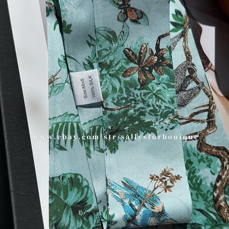 Sallys 100% Twill Silk Scarf Ribbon Jungle Print Bag Head Band Neck Tie 85x5cm