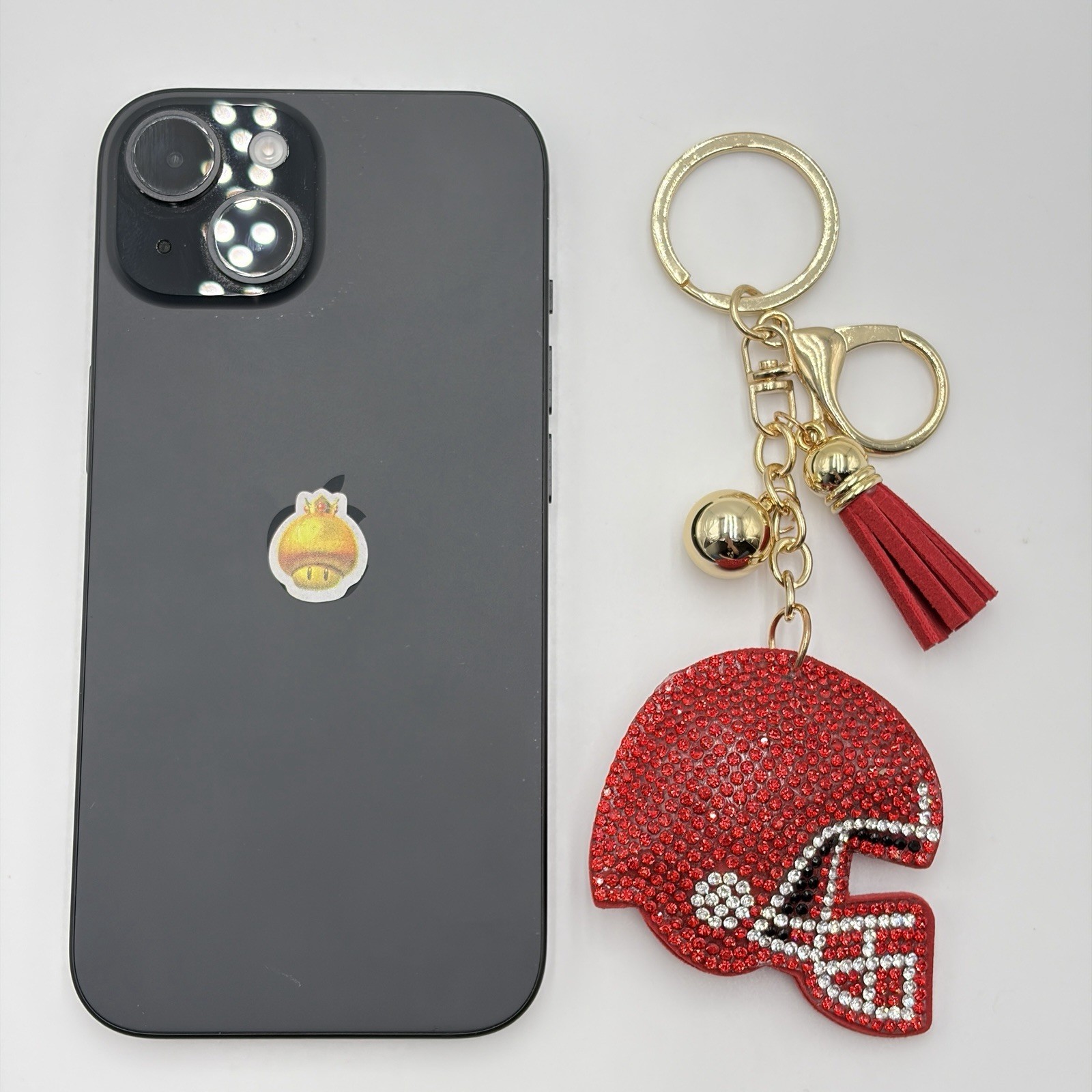 Football Helmet Rhinestone Bag Charm Keychain Sports Fan Tassel Red Gift