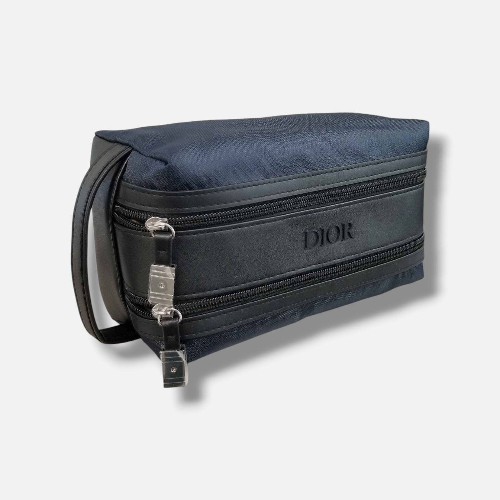 Christian Dior Men’s Blue Black Faux-Leather Logo Toiletry Travel Pouch Bag