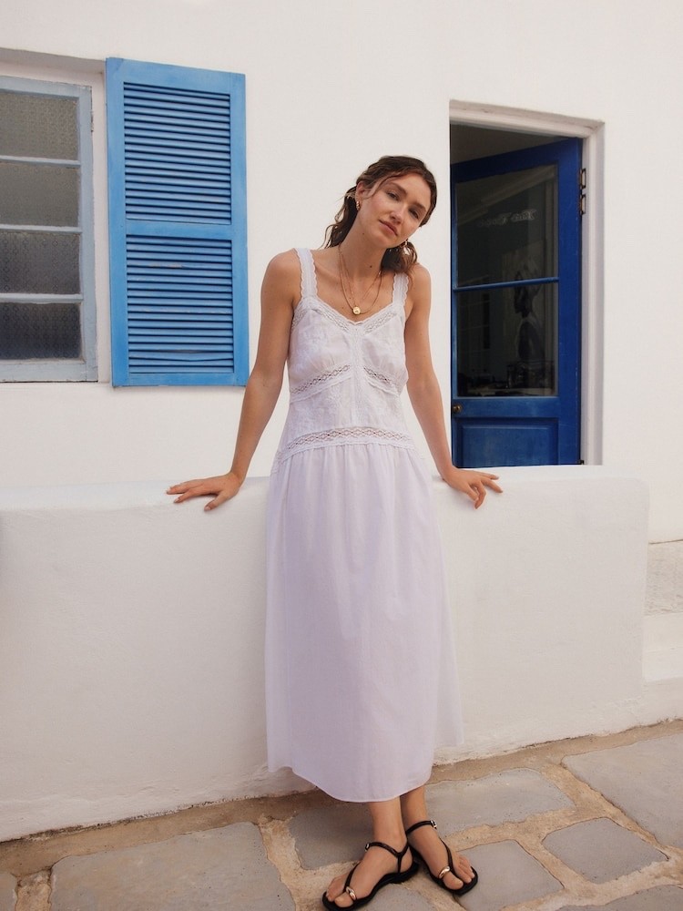White Embroidered Cami Midi Dress Size 20 Lightweight Cotton New