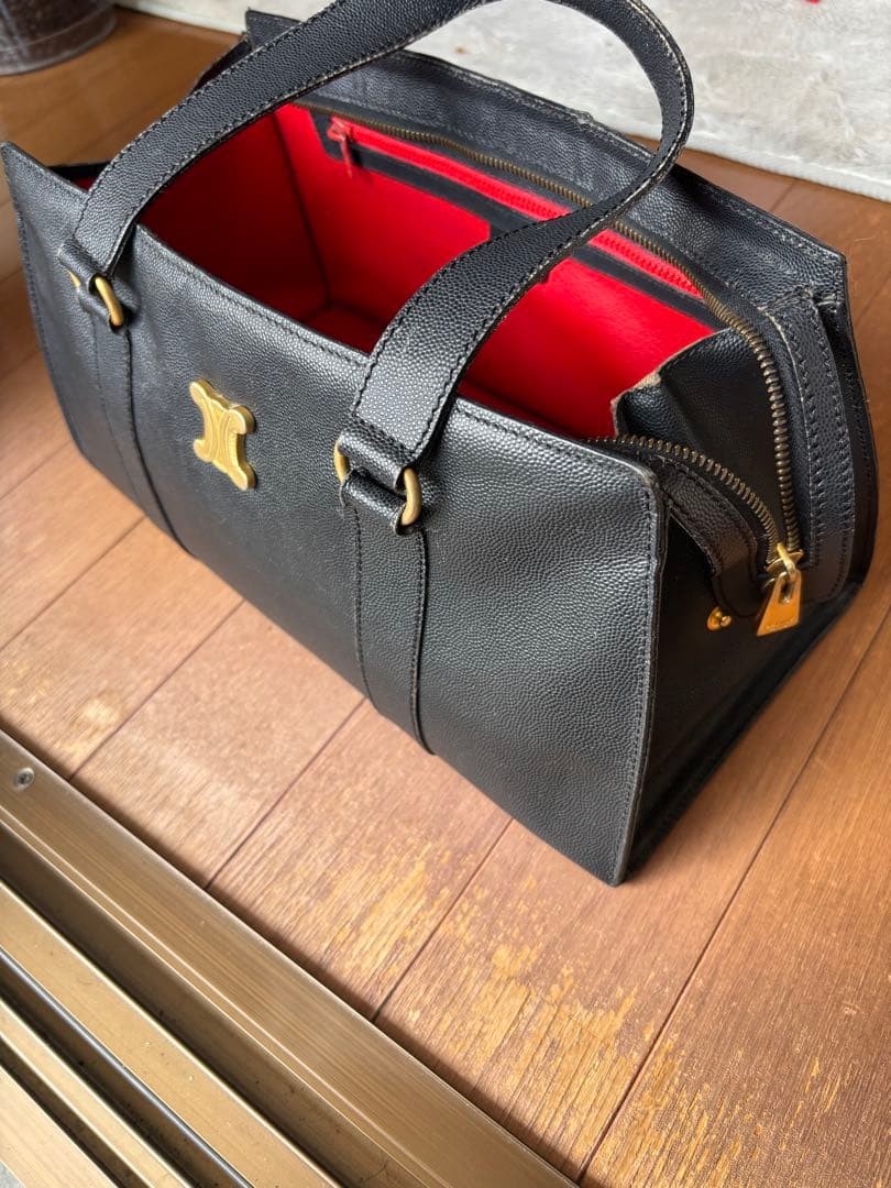 Celine Black Leather Handbag Vintage Gold Hardware Red Lining Auth