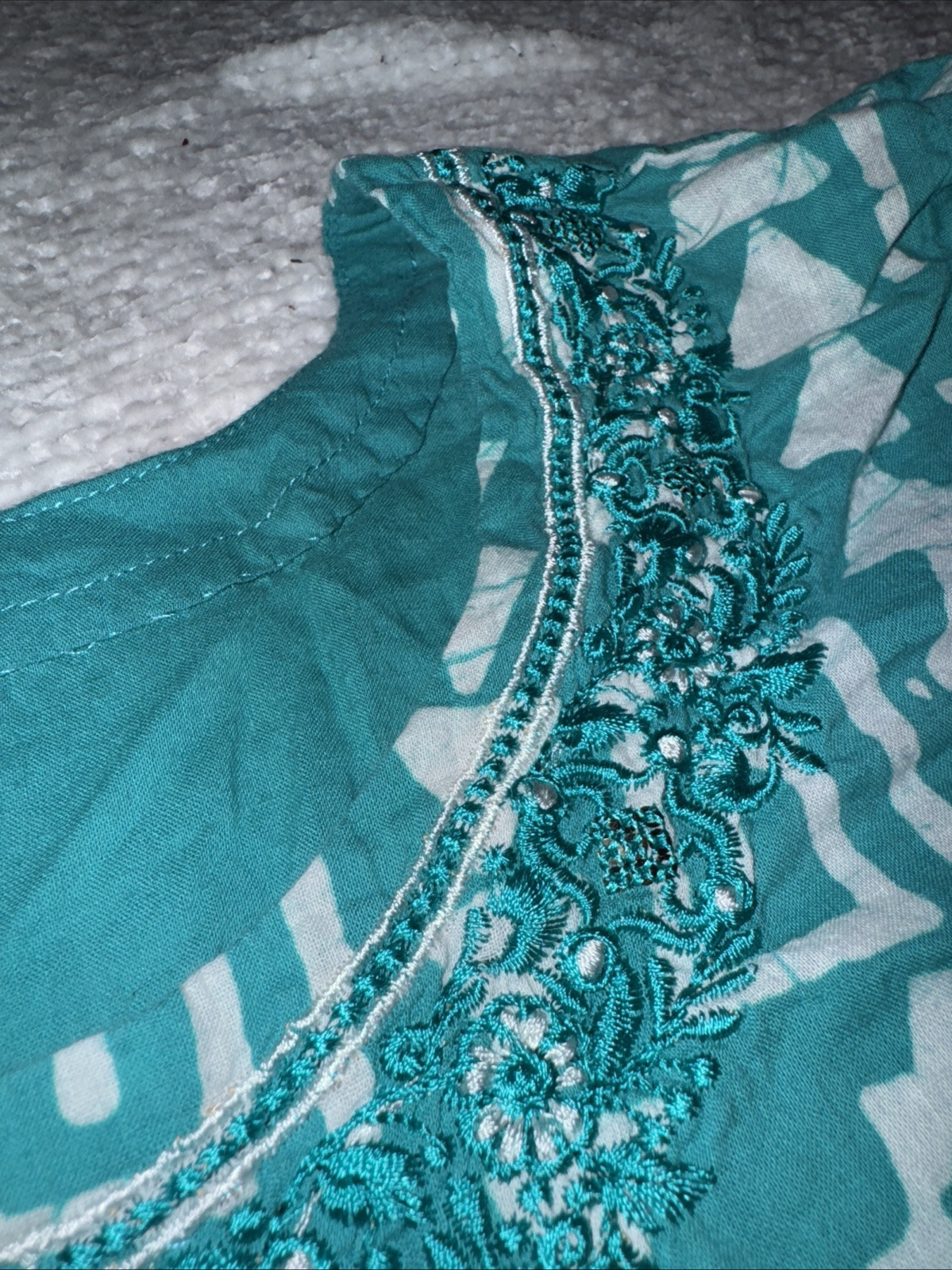 Handmade Green & White Tunic Kurta 3/4 Sleeve Flared Silhouette Pullover Dress