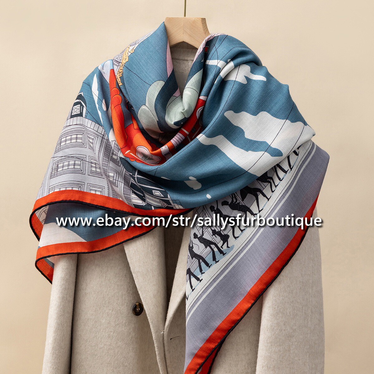 Boutique 70% Cashmere 30% Silk Wrap Scarf Parade Print 2 Face Shawl 53″