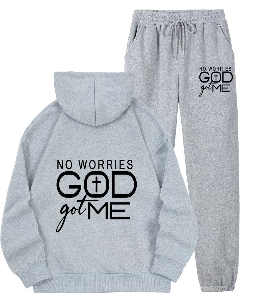 Women No Worries God Got Me Hoodie & Pants Set 2PC Sportswear Gym Suit S-XXL