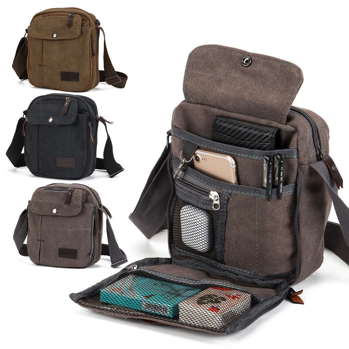 Men’s Canvas Crossbody Bag Phone Tablet Messenger Shoulder Bag Casual Tote Pouch