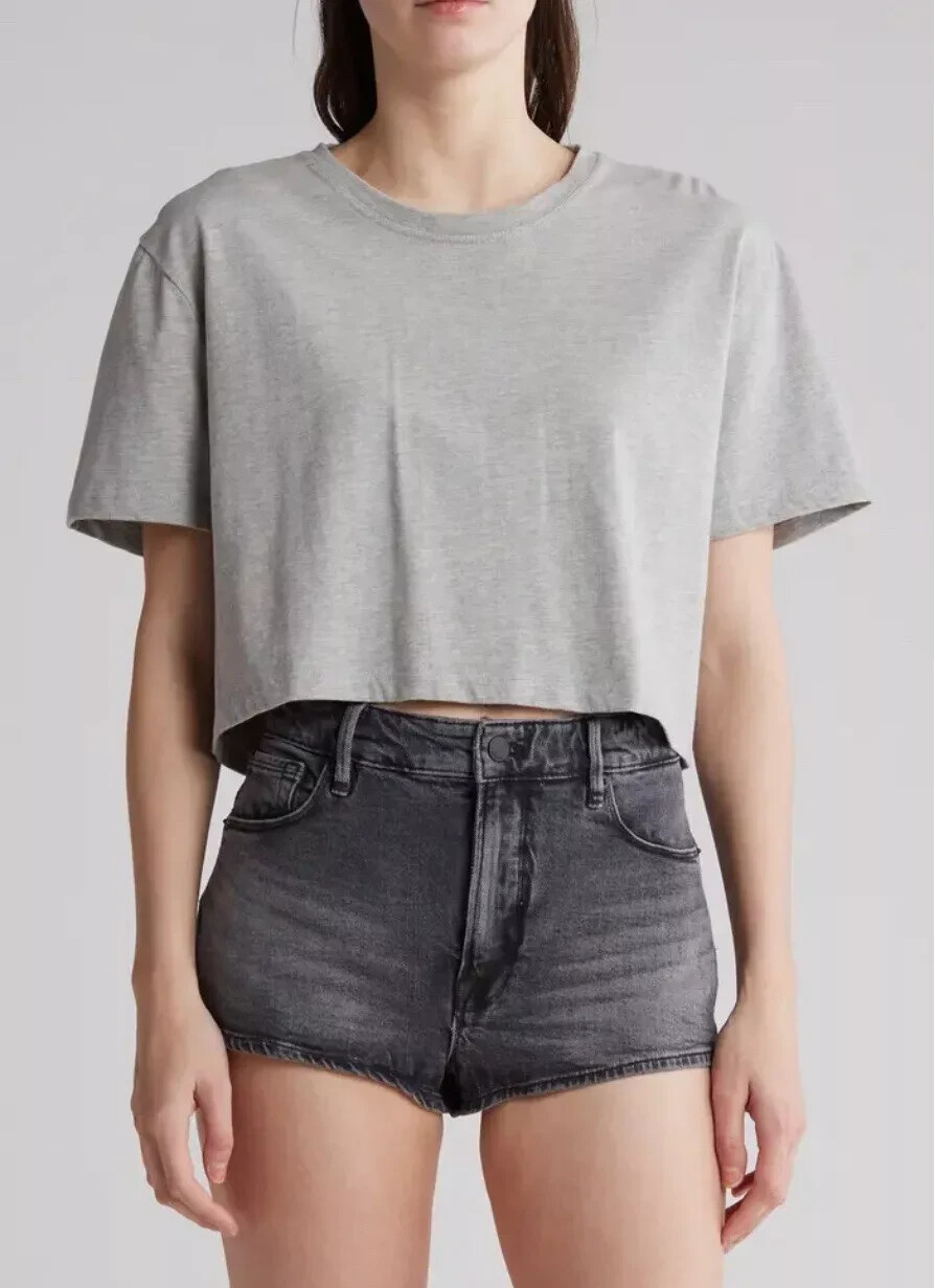 GOOD AMERICAN Womens Cropped Crewneck T-Shirt Heather Grey Diff Sizes