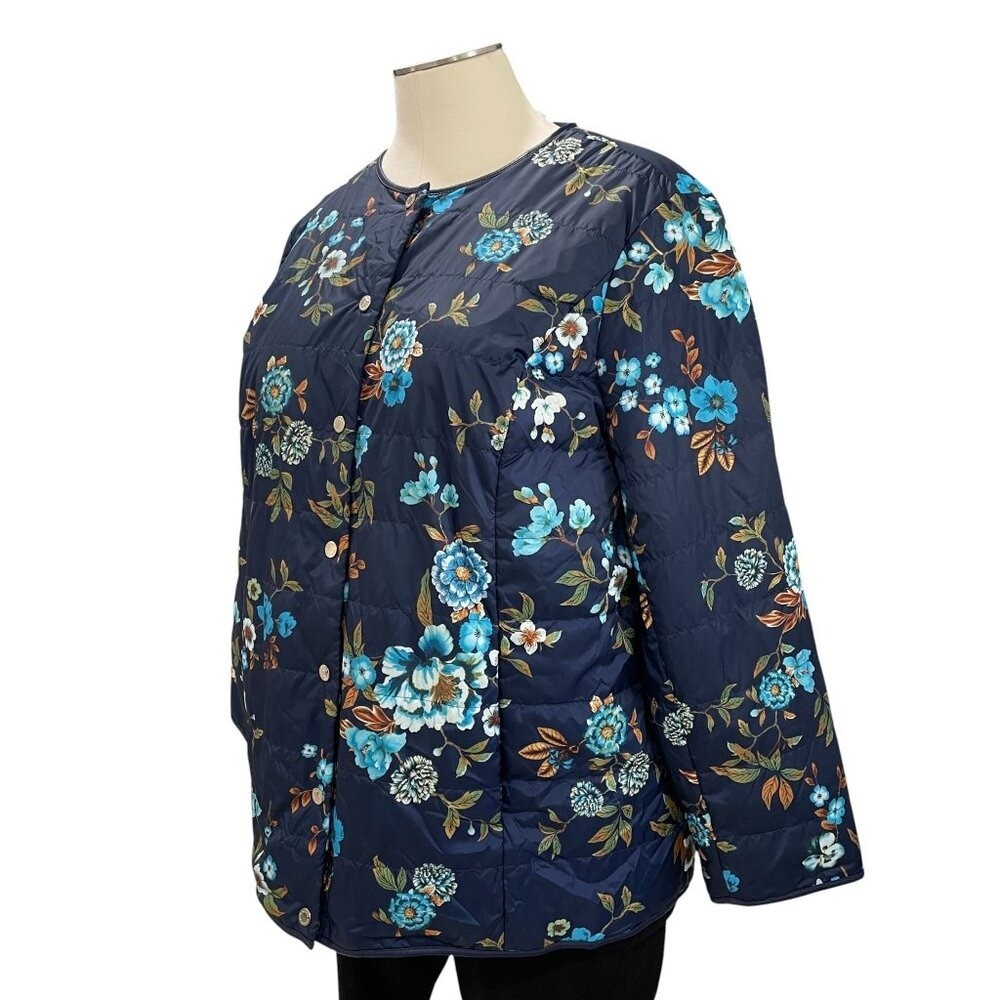 Dennis Basso Floral Quilted Jacket 2X Blue Fall Layering Vintage Grannycore