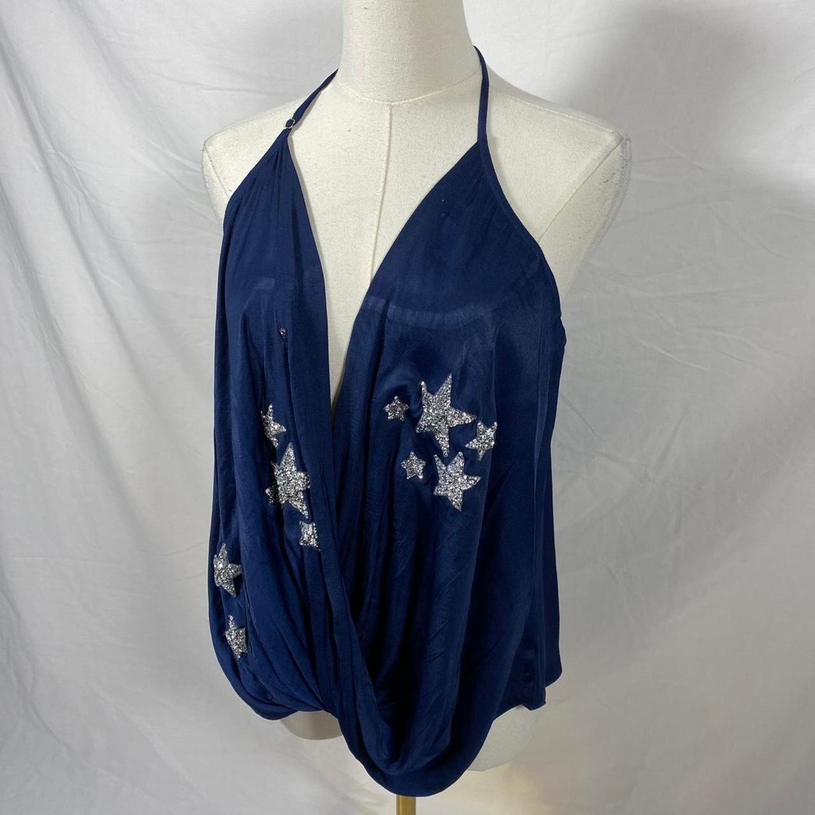 Judith March navy blue plunge halter top silver star embellishments size large