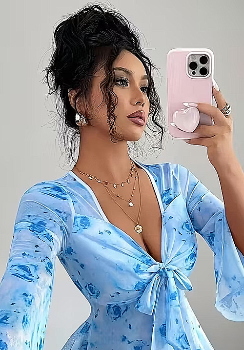 Floral Mesh Flared Sleeve Bow Neck Casual Elegant Tee