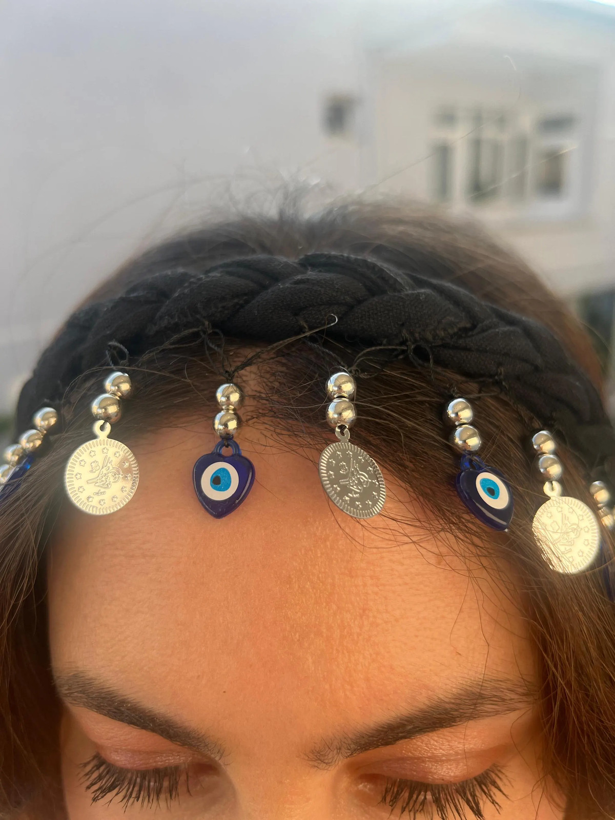 Crochet Edged Bandana Evil Eye Beads Silver Coins Cotton Handmade Unique