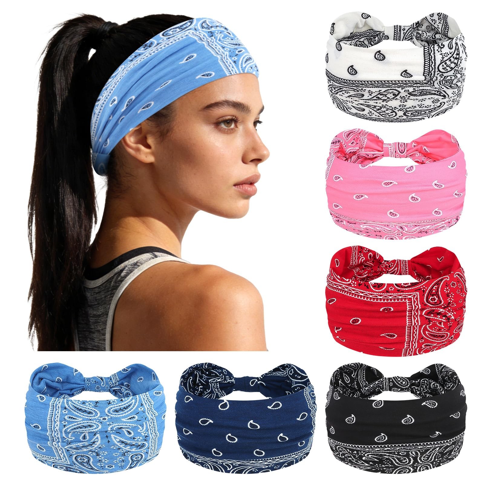 YARIEW Boho Wide Bandana Headbands 6Pack Stretch Elastic Headwraps for Women
