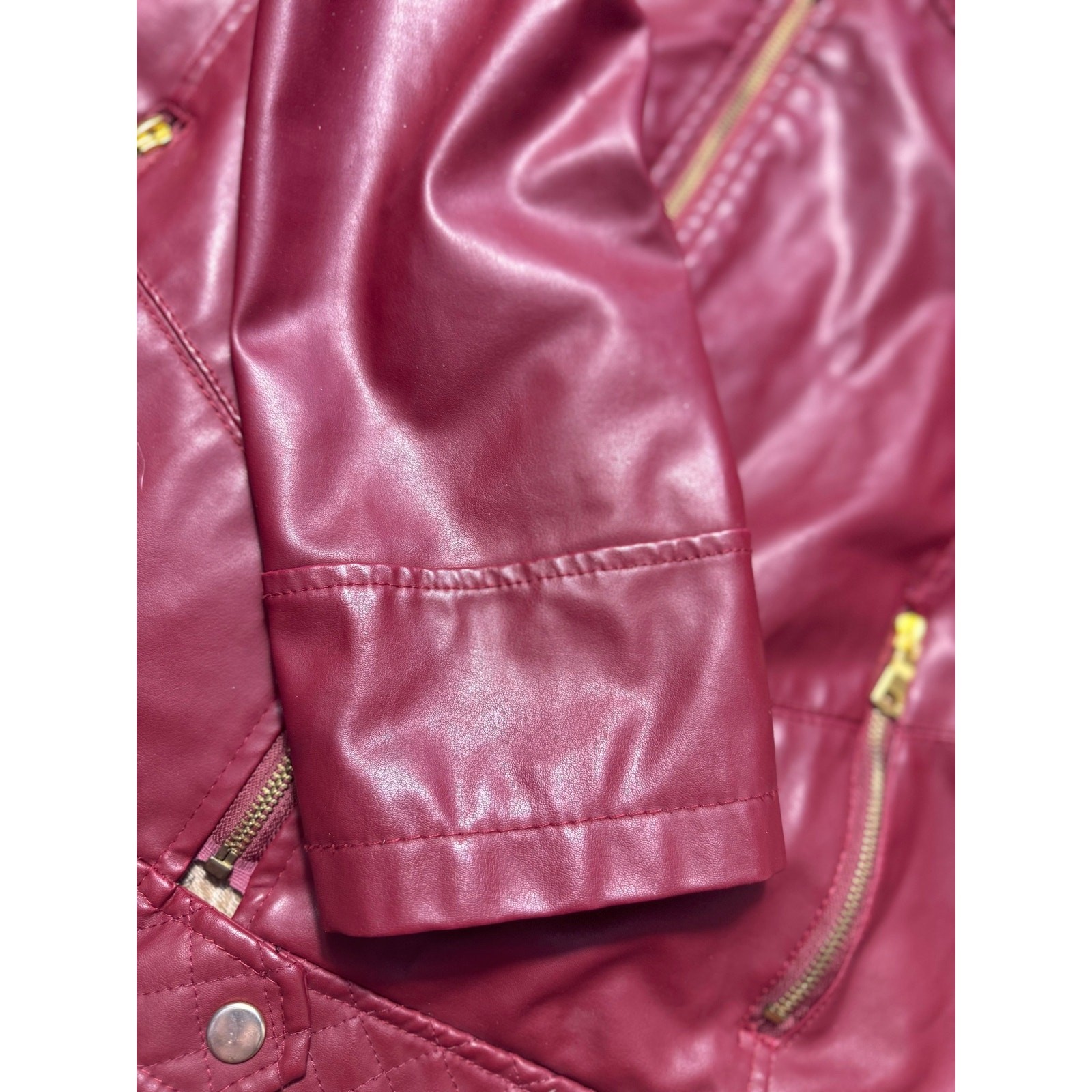 Fresh New York Red Faux Leather Moto Jacket Womens XL Quilted Biker Gold Zip