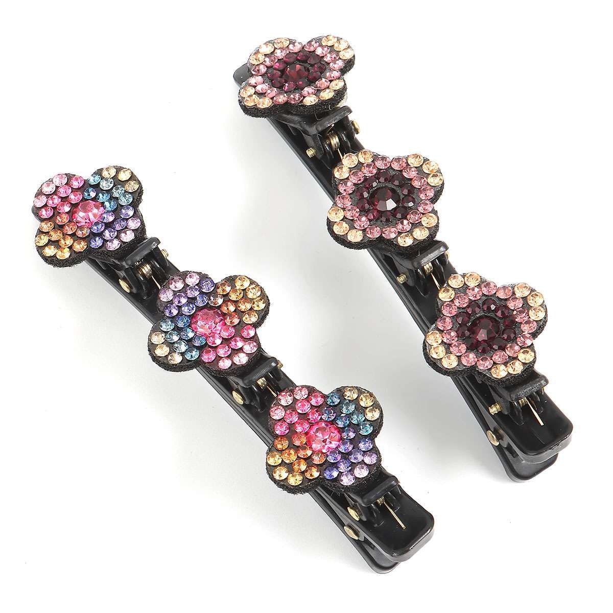 4PCS Sparkling Crystal Stone Double Bangs Satin Fabric Braided Hair Clips Bands