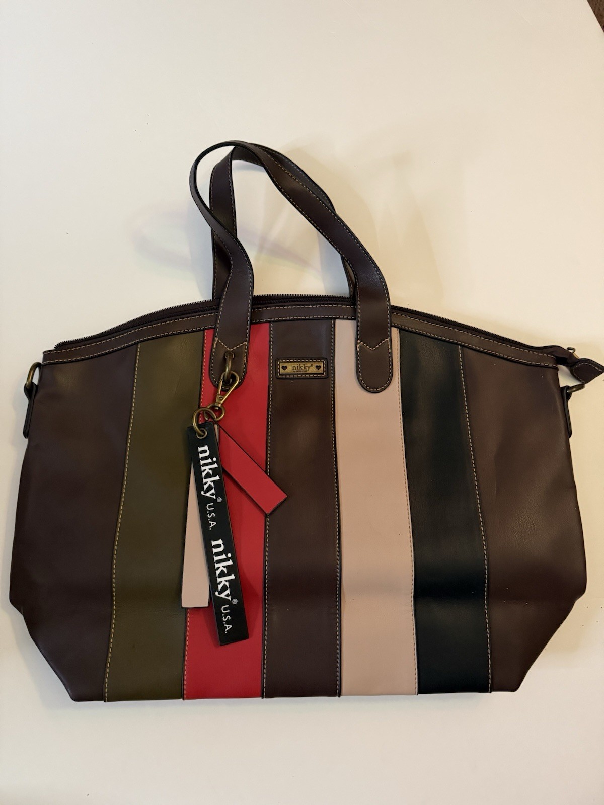 Nikky by Nicole Lee Striped Tote Multicolor, Zip, Detachable Strap, Gold HW