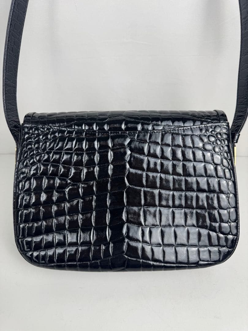 CELINE Carriage Hardware One Shoulder Enamel Leather Bag Black Vintage