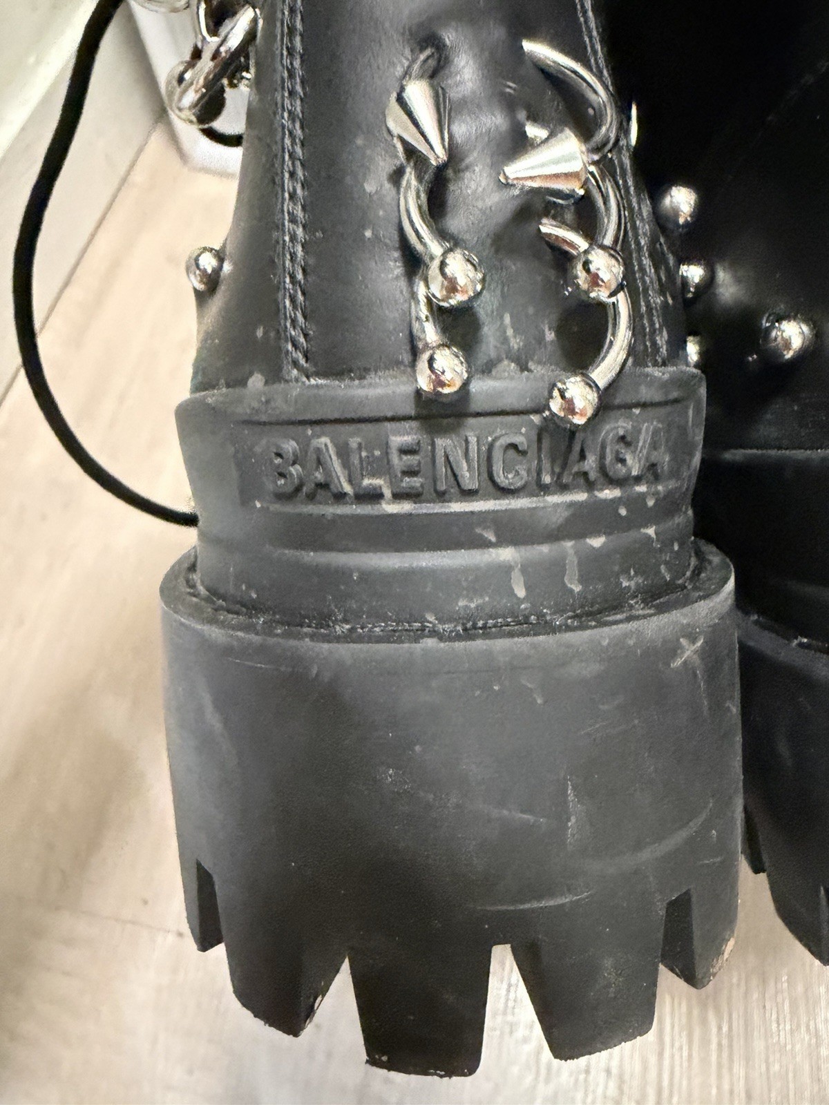 Balenciaga Men’s Black Leather Studded Strike Combat Ankle Boots Lace Up 12