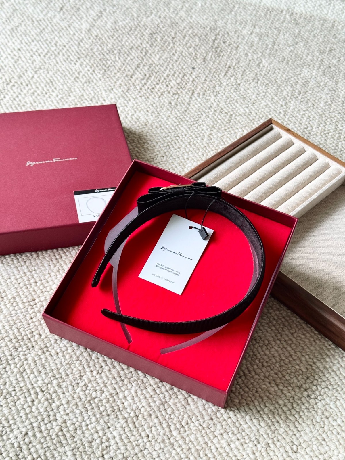 Salvatore Ferragamo Vara Bow Headband Black Grosgrain Gold Hardware Authentic