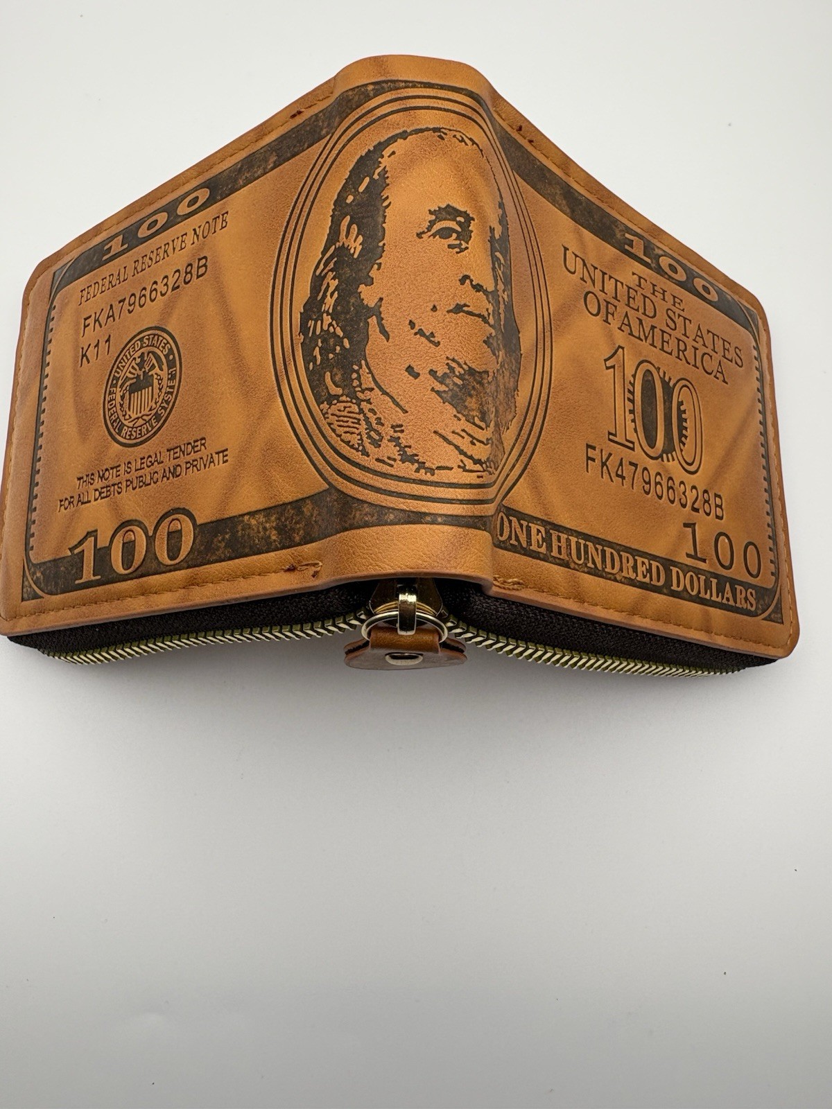 Vintage Novelty $100 Bill Leather Zip-Around Bifold Wallet