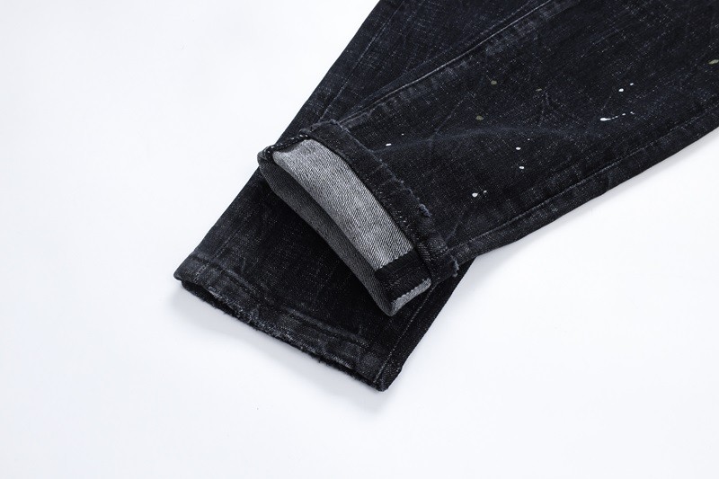 Men’s Punk Ripped PU Patch Slim fit Jeans Retro Classic High Quality Black Pants