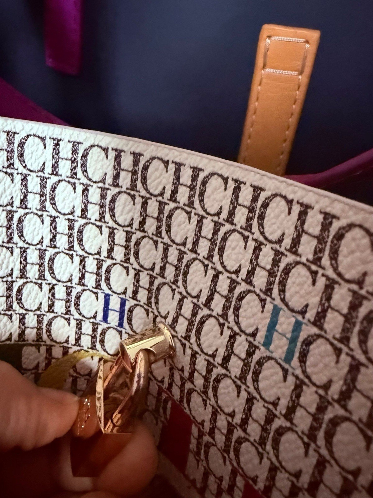Carolina Herrera CH Monogram Multicolor Tote Purple Double Handles Padlock Key